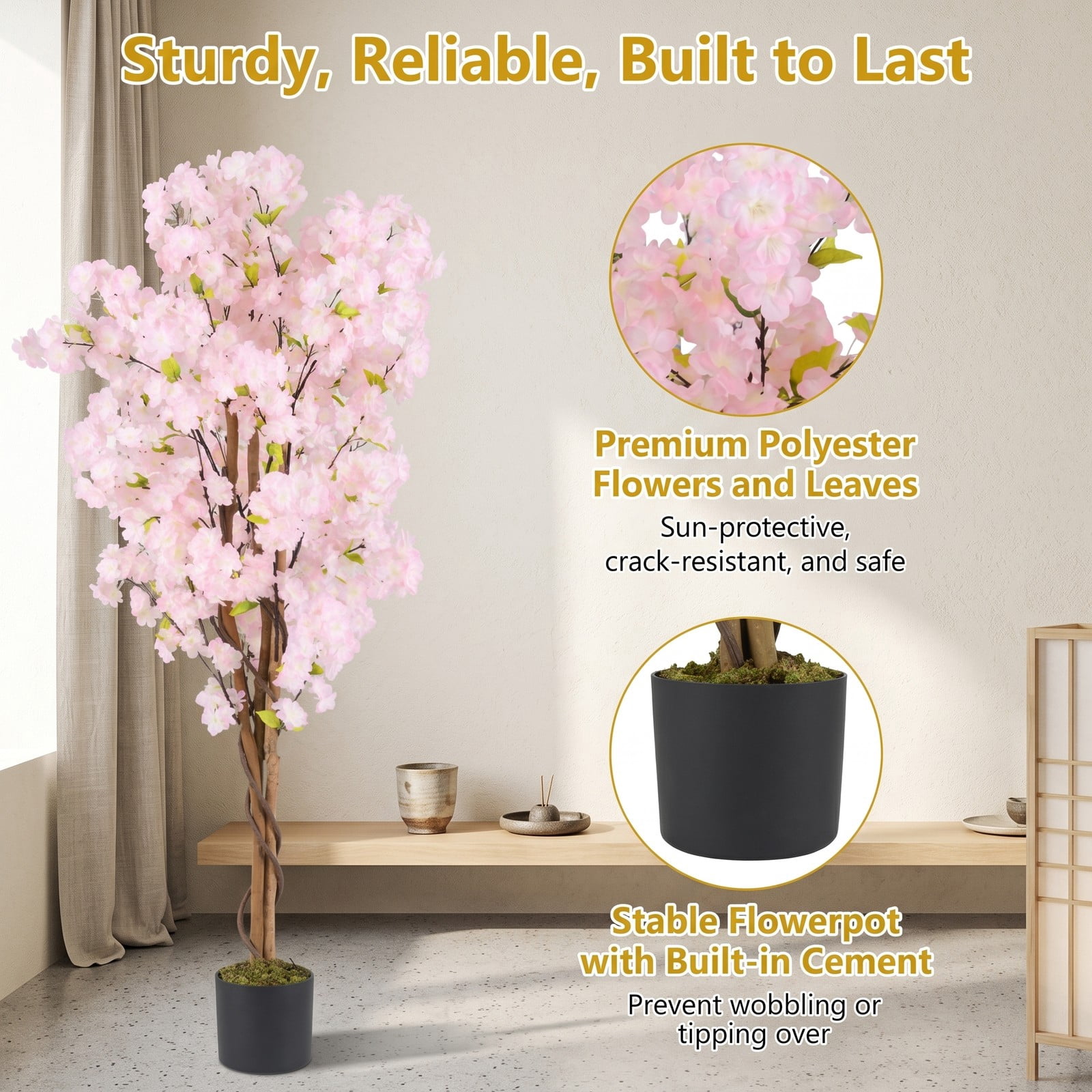 ALPULON 5 FT Artificial Cherry Blossom Tree with Pink Flowers, Faux Silk Blossom Tree with Cement-Filled Pot and Adjustable Wired Branches for Home Office, Pink