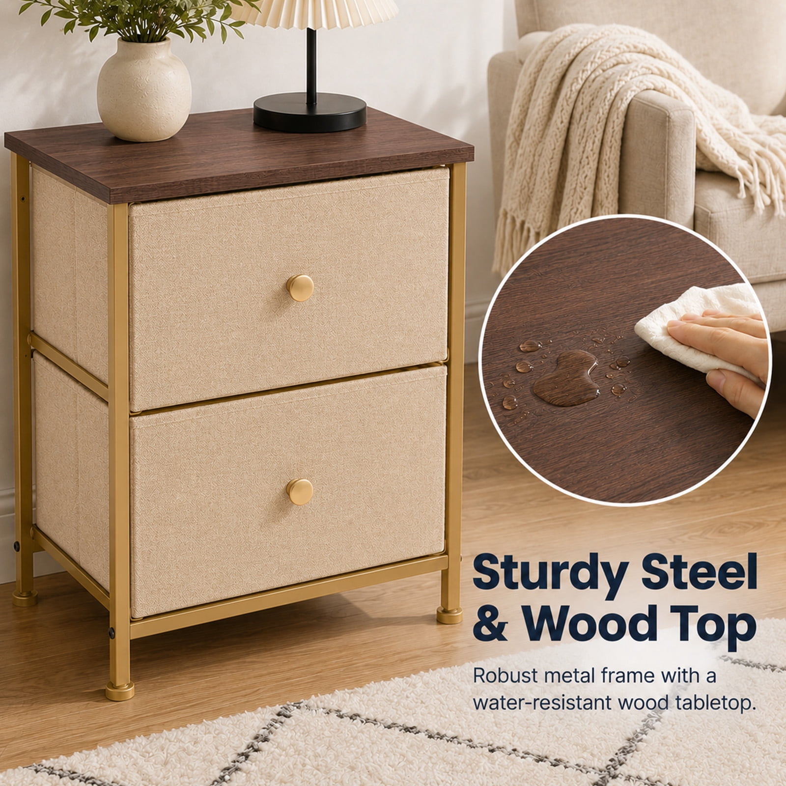 Alvantor Nightstand with 2 Storage Drawers, Small Bedside Table, Small Dresser with Sturdy Wooden Top for Daily Essentials, Compact Nightstand for Bedroom and Small Spaces