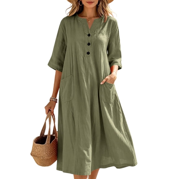 ClodeEU Women's V Neck Half Button 3/4 Sleeve Linen Cotton Midi Dress with Pockets,Casual Loose Dress Army Green,Women's Plus L