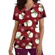 Snorda Women's Scrub Tops Short Sleeve V-neck Tops Uniform Christmas Printed Pockets Blouse Nursing