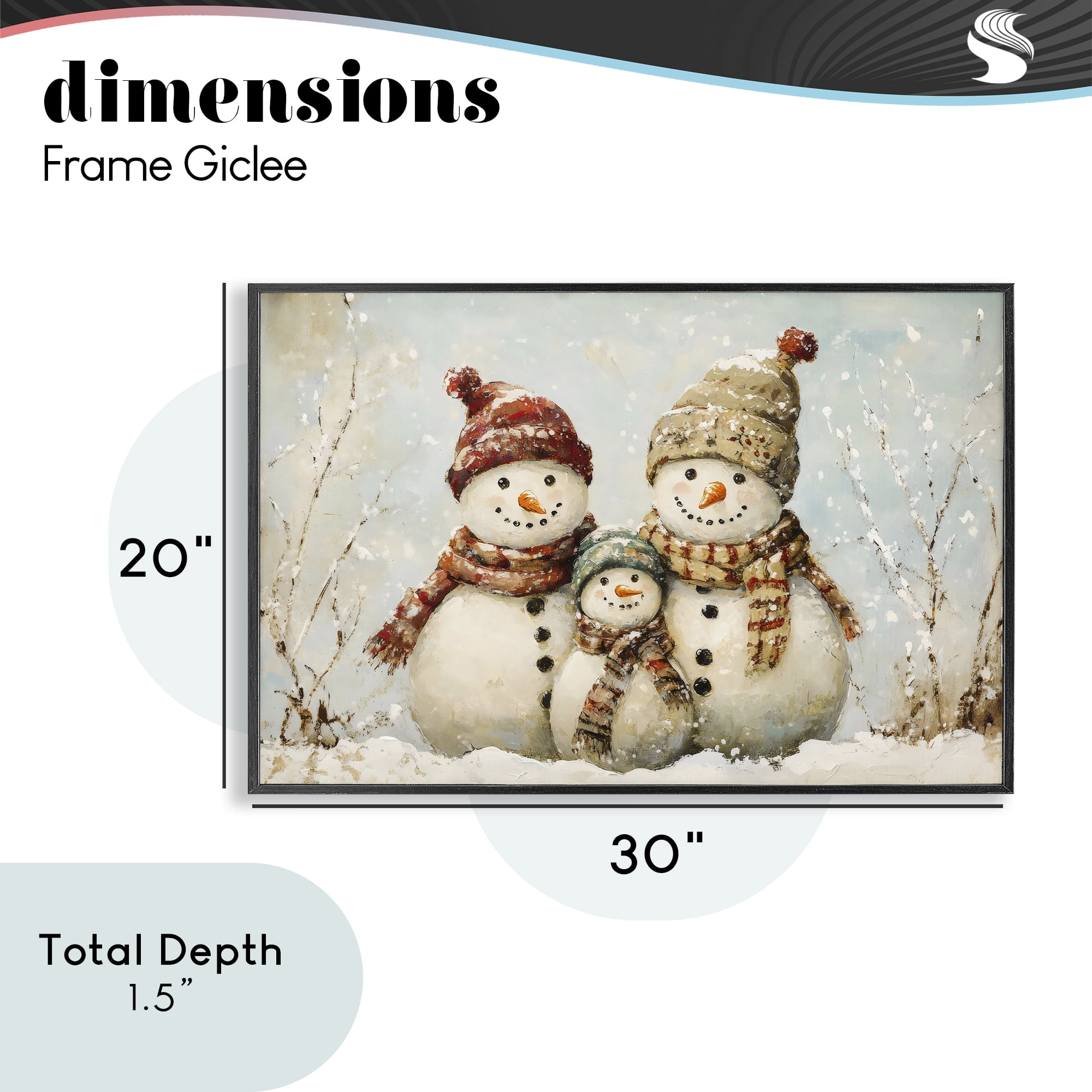 Snowman Family Of Three Black Framed Giclee Art, design by Petal Prints Design