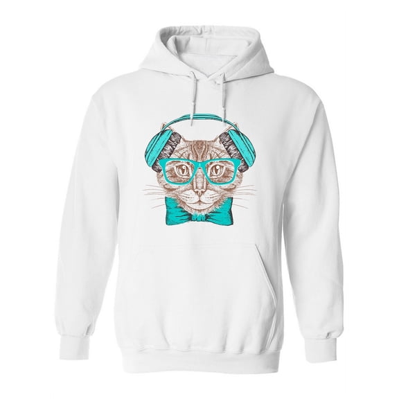Hipster Cat Blue Headphones. Hoodie Women -Image by Shutterstock, Female Medium