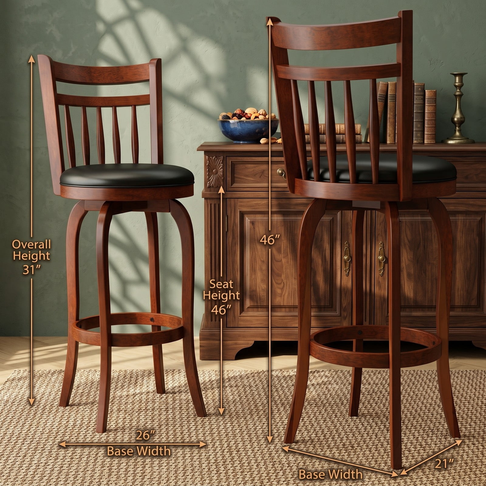 Furnibear Swivel Bar Stools Set of 2, 29 Inch Bar Height Faux Leather Upholstered Barstools with Curved Backrest and Footrest for Kitchen Island, Espresso and Black