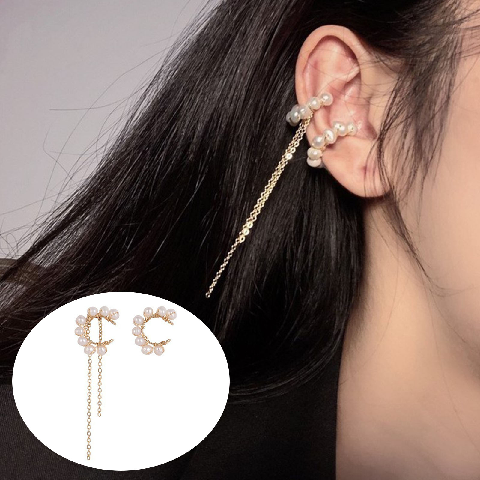 C-shaped womens ear clip with pearls without