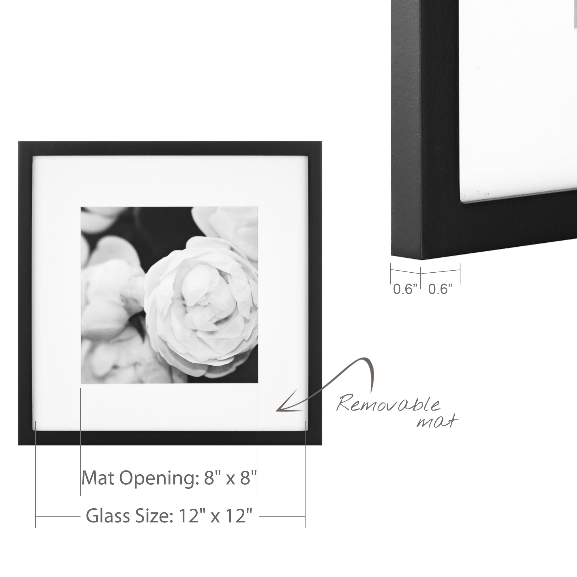 Gallery Perfect Black Gallery Wall Picture Frame White Mat Set for 8" x 8" or 12" x 12" Photos 9-Piece