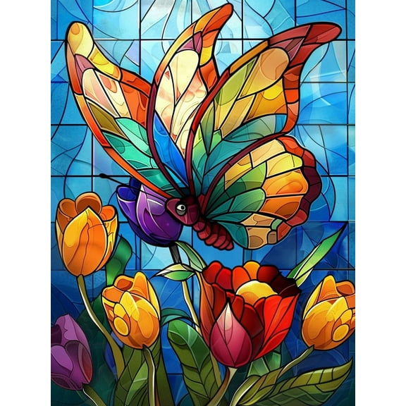 DIY 5D Diamond Painting Kit (For Adults) Diamond Painting "Colorful Butterflies on Tulips with Glass Art" - Full Diamond Crystal Rhinestone Embroidery Craft Kit, Can be Used as Gift, Wall Decoration