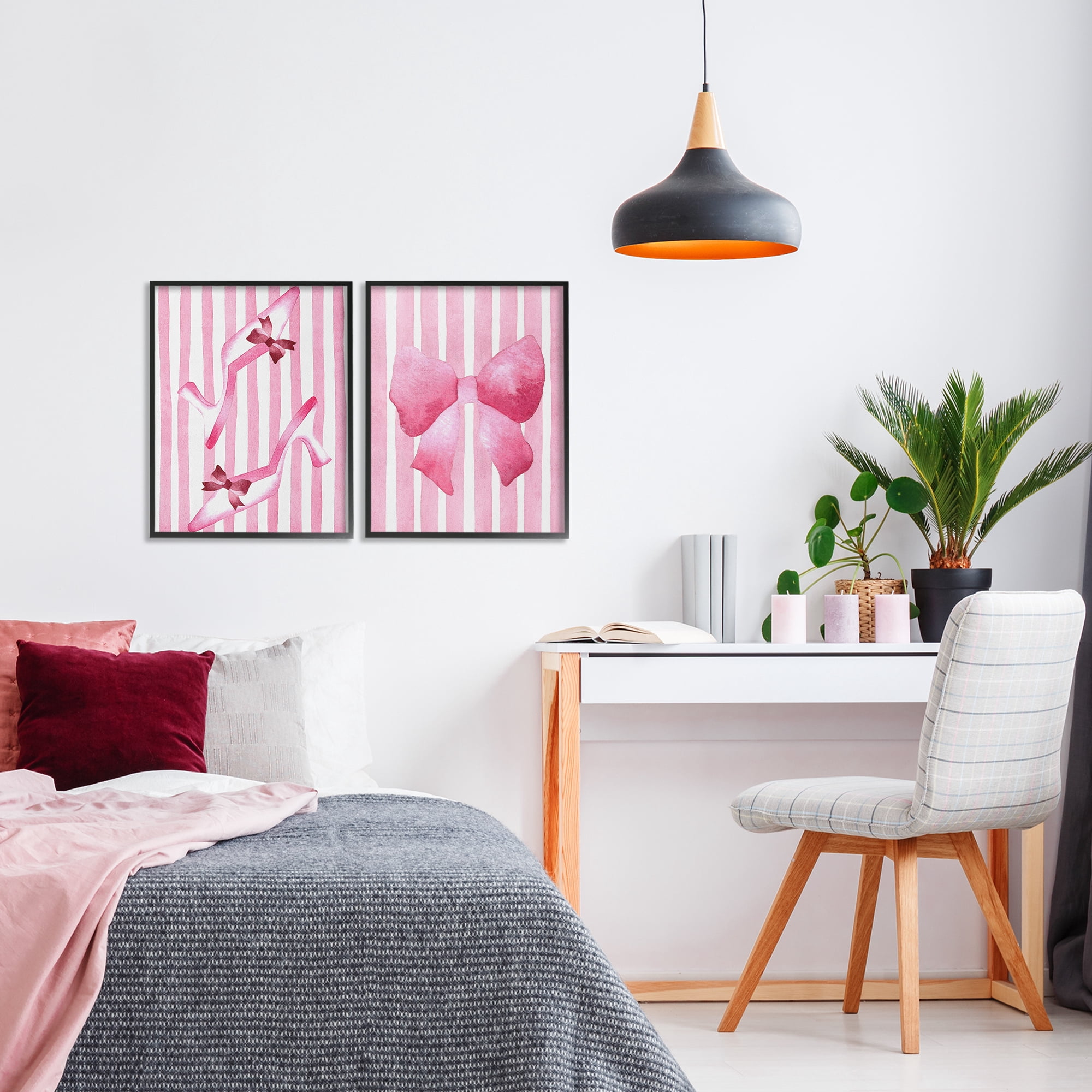 Stupell Industries Feminine Chic Bows Pink Stripes 2 Piece Black Framed Giclee Art Set, design by Camila Juncos