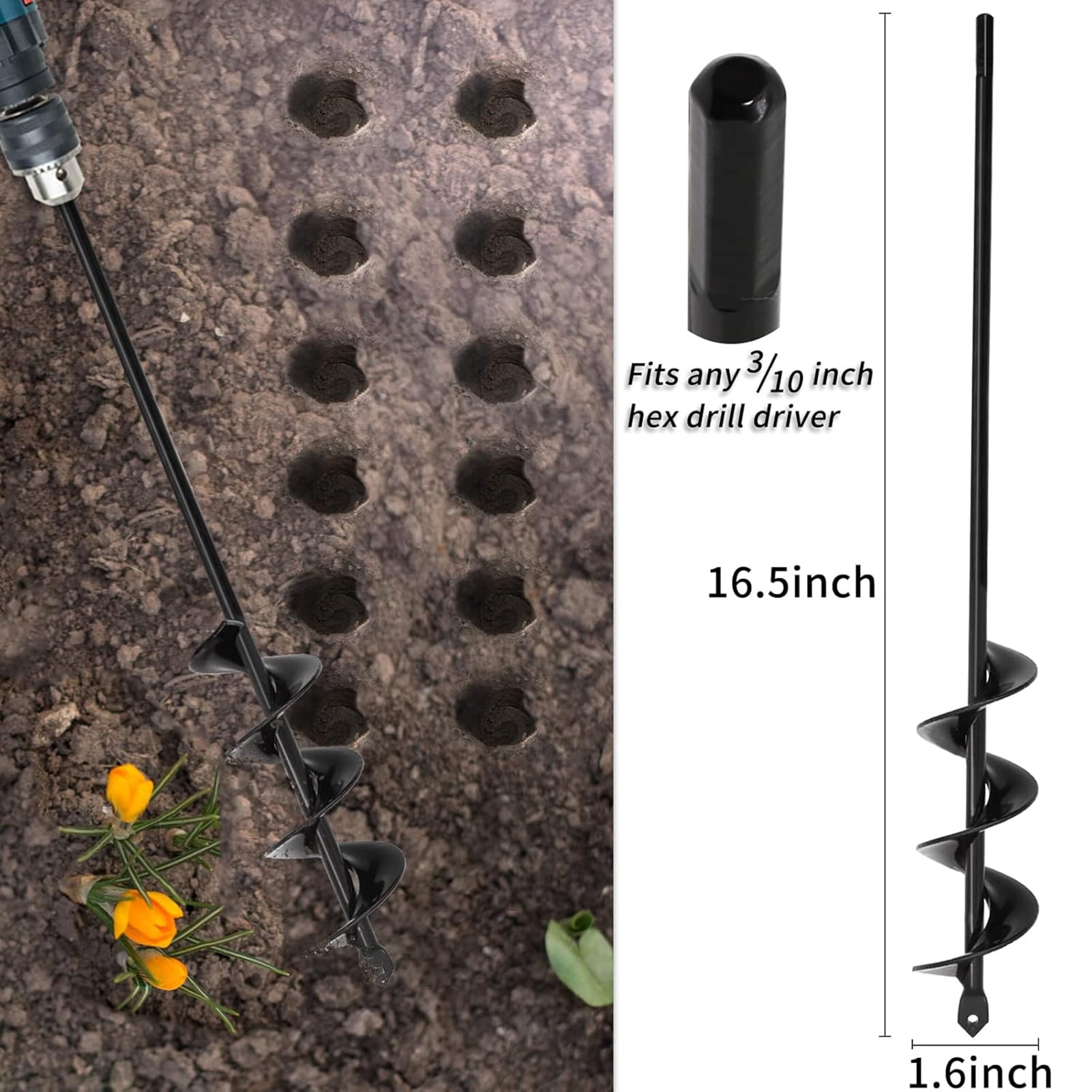 Auger Drill Bit for Planting 1.6x16.5inch Extended Length Garden Auger Spiral Drill Bit for Planting Bulbs Flowers Planting Auger for Drill Post Hole Digger for 3/8Hex Drill