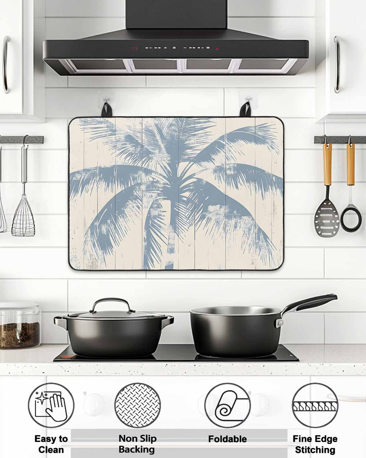 Stove Top Covers for Electric Stove, Blue Palm Tree Glass Stovetop Cover Protector, Coastal Summer Wooden Induction Cooktop Protector Oven Mat for Kitchen Countertop 36"x21"