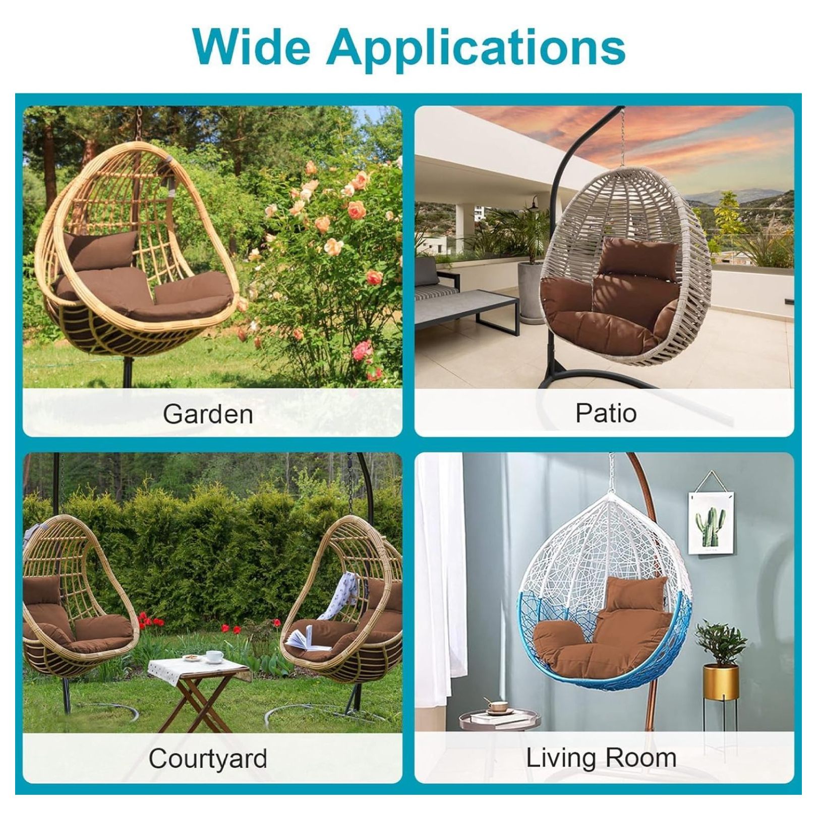 Outdoor Egg Chair Cushion, Soft Hanging Egg Chair Cushion Replacement, Washable Chair Pads with Ties, Thicken Basket Chair Cushion Patio Garden Hammock Chair Pads(Black)