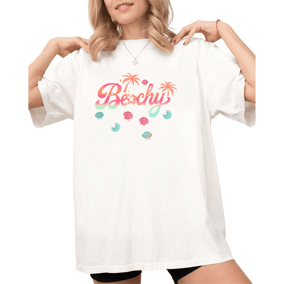 White Retro Beachy Seashell Palm Tree Print Tshirt S-5XL Graphic Tees Shirts Cute Summer Holiday Tops