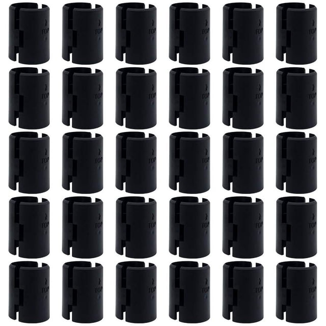 60 piezas de clips de bloqueo de estante de plástico ABS con diámetro de 25,4 mm y longitud de 44 mm, 30 pares negros en filas, cilindros recortados frontales con ranuras de enganche y acabado mate; adecuados como reemplazo para postes o tubos de 25,4 mm para fijar rejillas en montajes rápidos y a menudo usados también para organizar cables en bastidores.