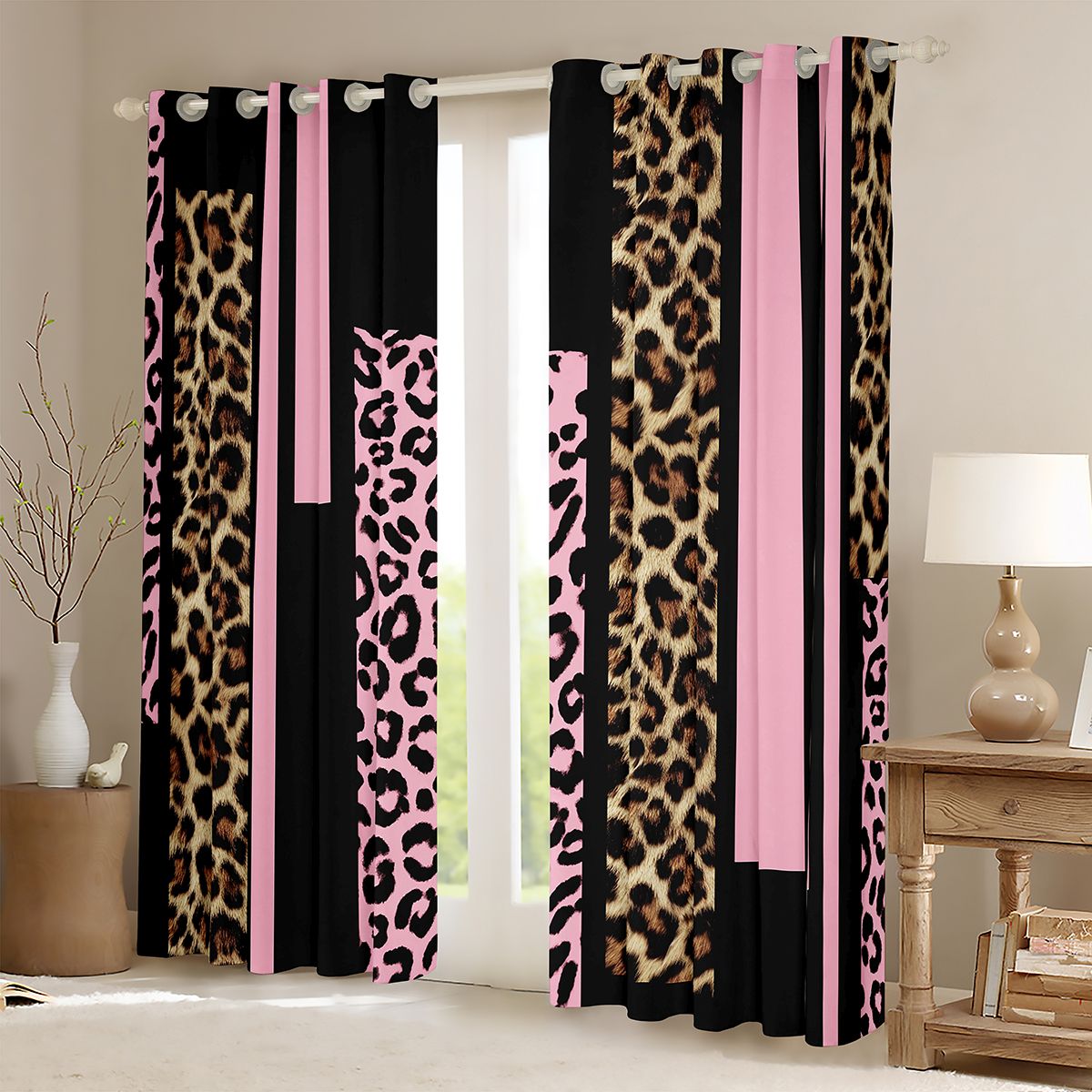 Feelyou Pink Cheetah Print Curtains Pack of 2 (42x84 Each) for Women, Fashion Abstract Ombre Curtains Blackout, Leopard Wildlife Bedroom Curtains, Living Room Curtains Decor