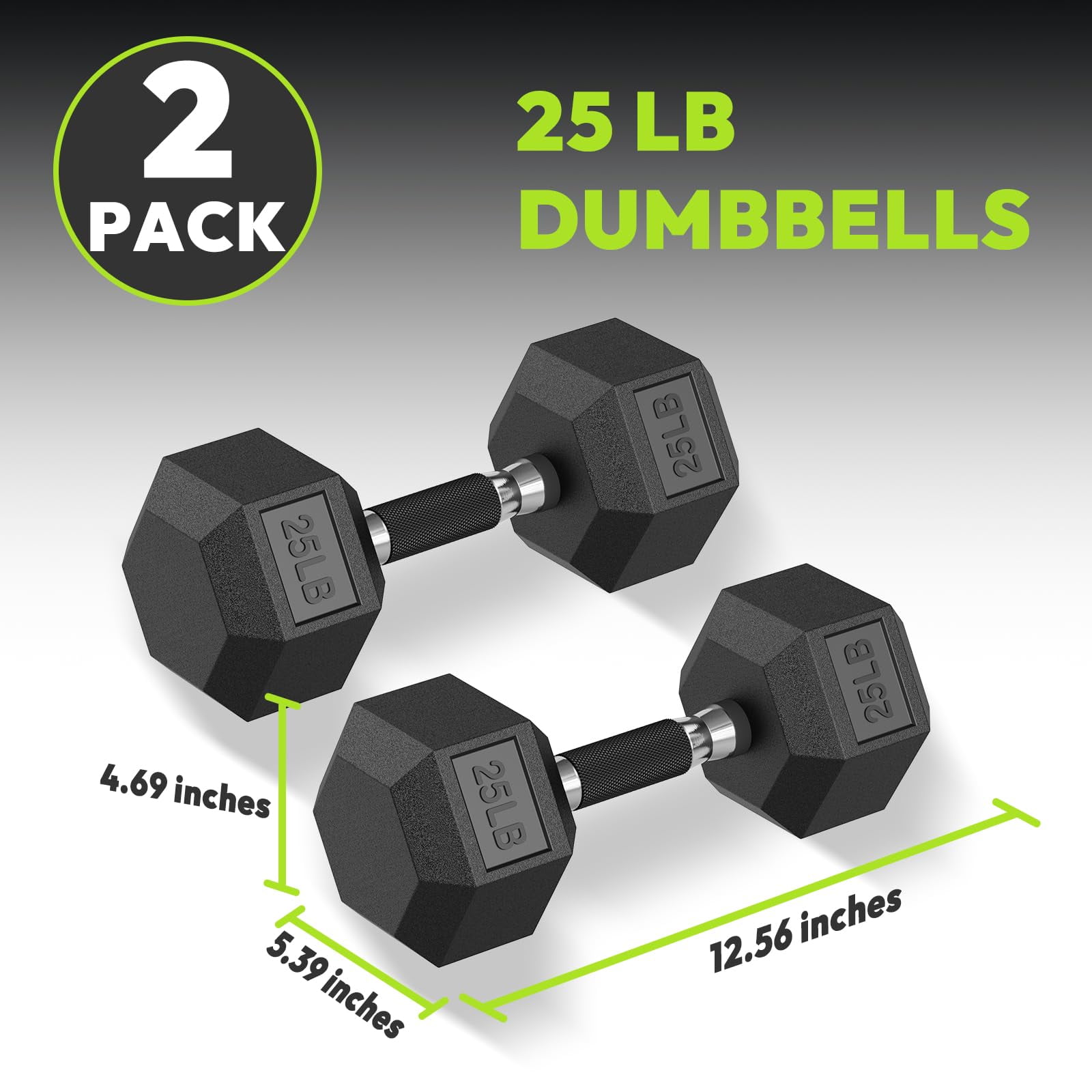 HANDBODE Hex Rubber Dumbbells, Non-Slip Handle Design for Secure & Comfortable Grip, Hand Weights for Strength Training and Home Gym / Pair of 25 LB