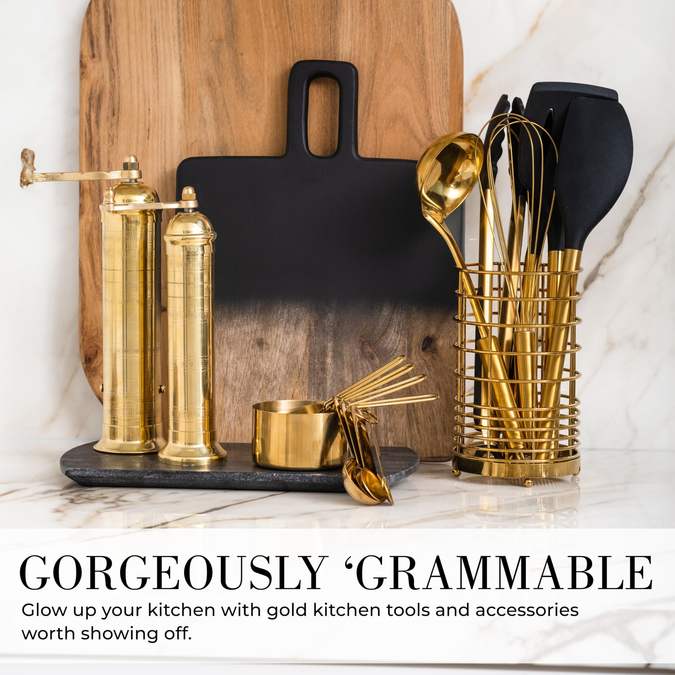 Styled Settings 15-Piece Black and Gold Kitchen Utensils Set with Measuring Cups & Spoons, BPA-Free