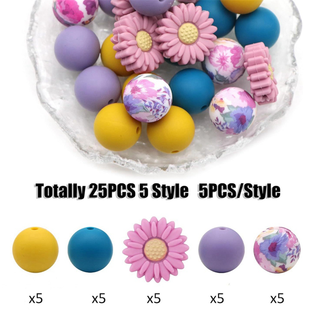 Perles en Silicone Marguerite Pêche Blanche Fleurs de Marguerite Forme Perle en Silicone en Vrac Perles Rondes Perles Intercalaires avec Corde Élastique