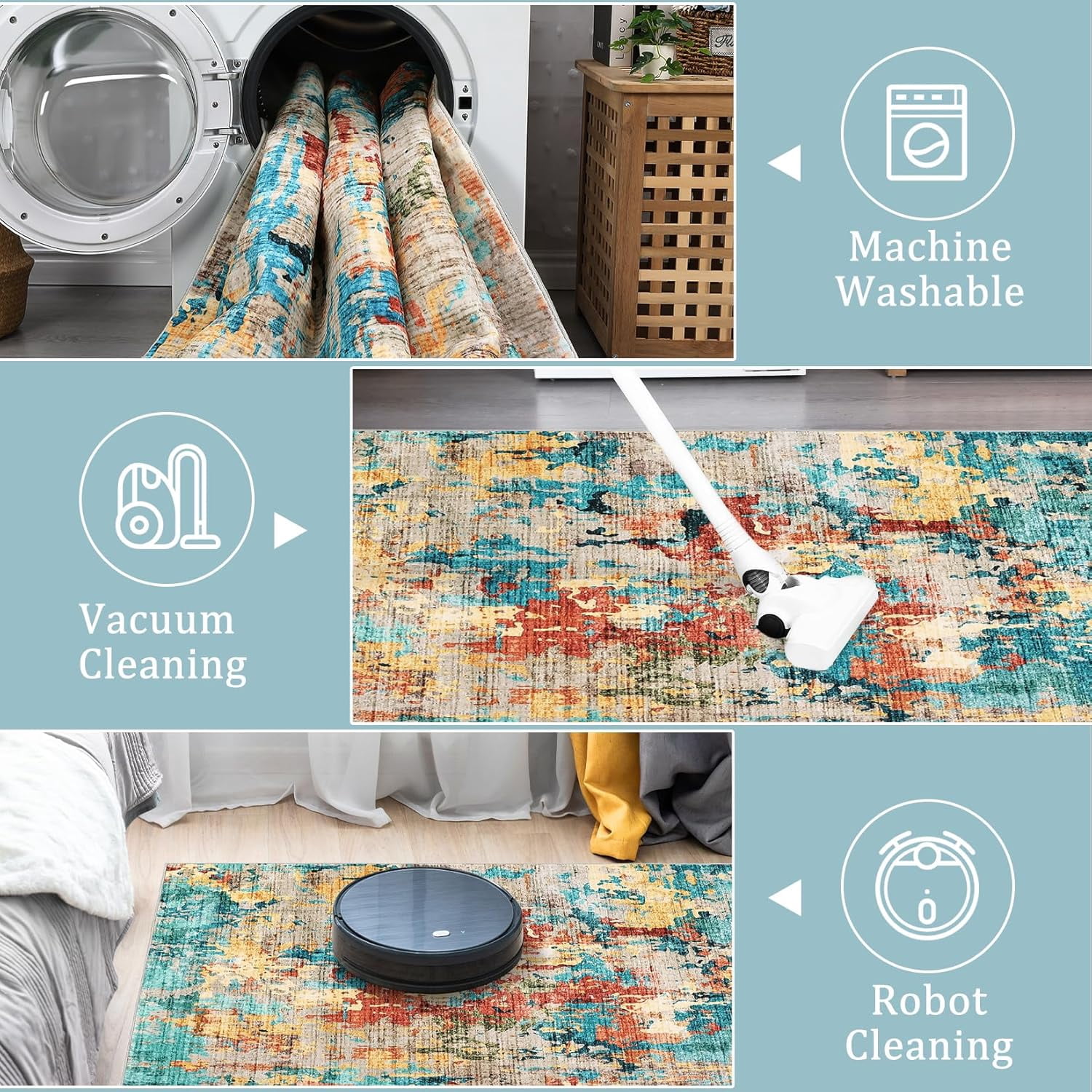 5x7 Blue Colorful Abstract Area Rug, Boho Washable Non-Slip, Non-Shedding Low Pile Throw Rug for Living Room, Bedroom, Dining Room (Blue Colorful).