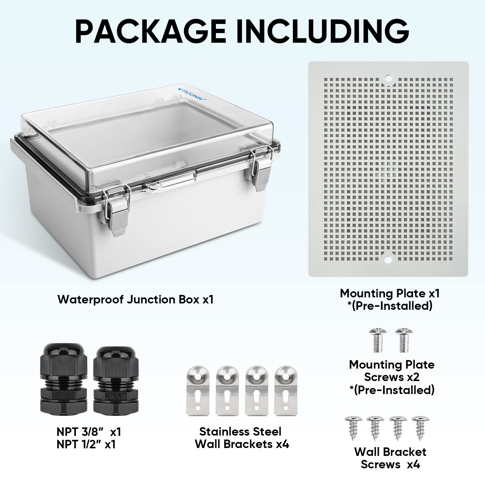 HOMLUX 8.7"x6.7"x4.3" Waterproof Electrical Junction Box, IP67 ABS Plastic Enclosure with Hinged Cover with Mounting Plate, Wall Brackets, Cable Glands