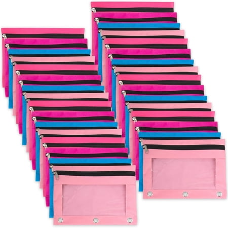 100 Pack of Bulk Wholesale 3 Ring Binder Clear Window Zippered Pencil Cases for Pens Pencils Markers Scissors Sharpeners Erasers Students and Classrooms in Pink Light Pink Magenta & Blue