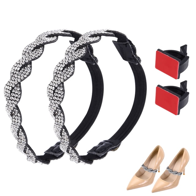 Uxcell 2 Pairs High Heels Shoe Straps, Rhinestone Elastic Shoe Straps Heels Detachable Ankle Straps Replacement Shoelace Crystal for Women Loose Slippers Sandals, Negro+Plata