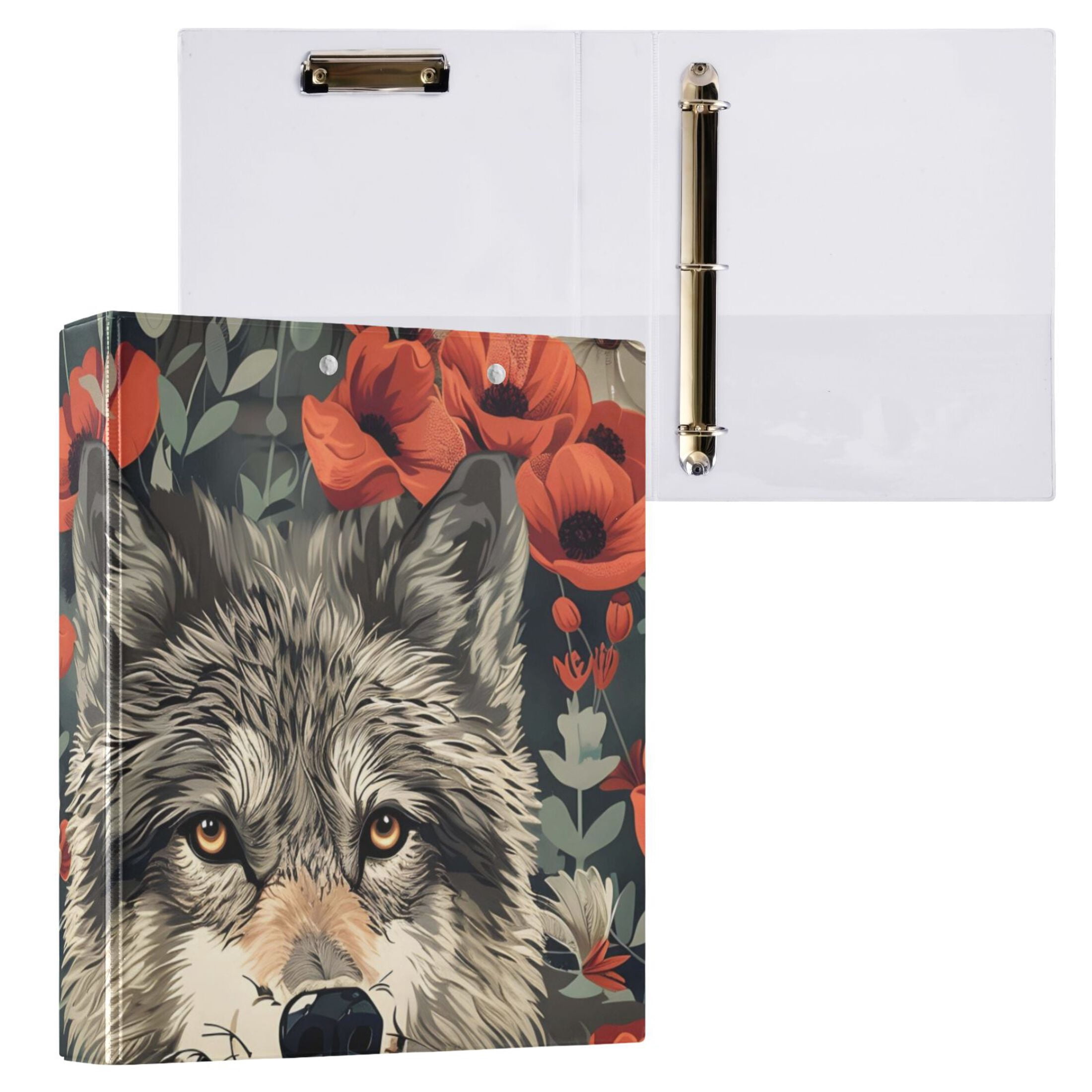 Flowers Wolf Poppy 3 Ring Binders 1.5 inch Hardcover File Folders with Interior Pockets A4 Size Organizer for School Office Hospital