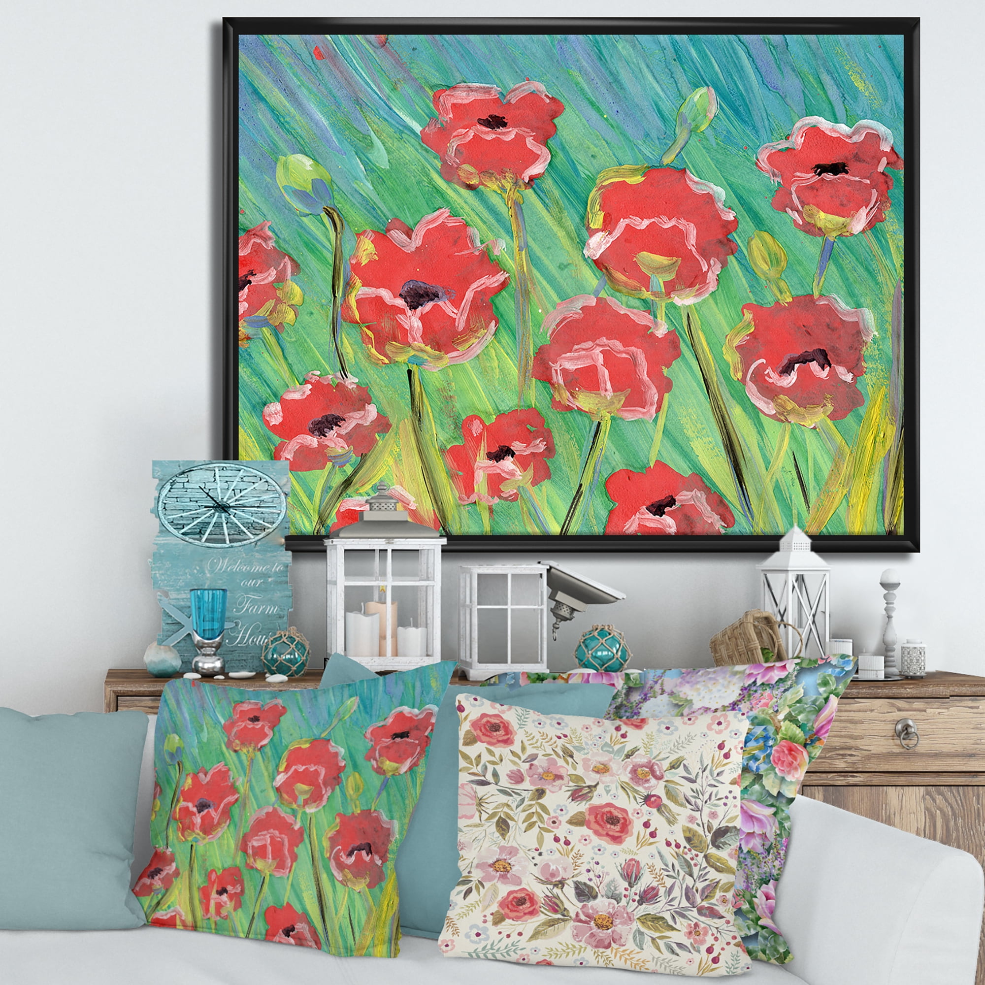 Designart 'Gouache Of Blooming Red Poppies' Traditional Framed Canvas Wall Art Print
