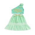 thumbnail image 2 of POINTERTECK Kid Girl Outfits Set One Shoulder Bowknot Crop Tops Letter Printed+Ruffle Skirts inside with Shorts, 2 of 10