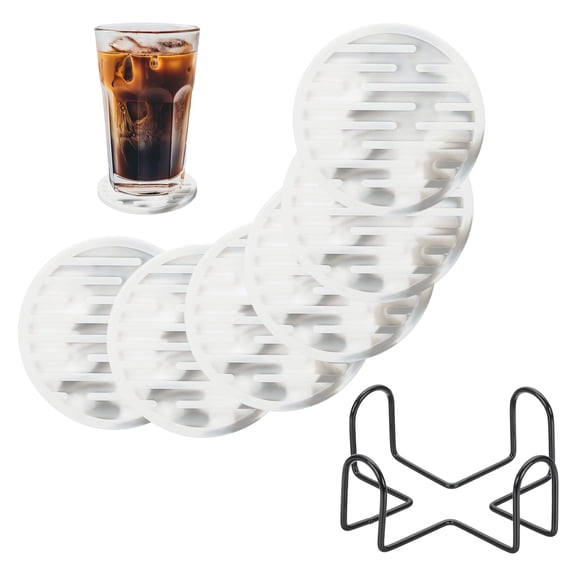 Uxcell Set of 6 Round Drink Coasters with Holder, 4" Silicone Coaster for Drinks Non-Slip Cup Coaster Heat Resistant Glass Cushion for Bar Kitchen Office Decor, White(Stripes)