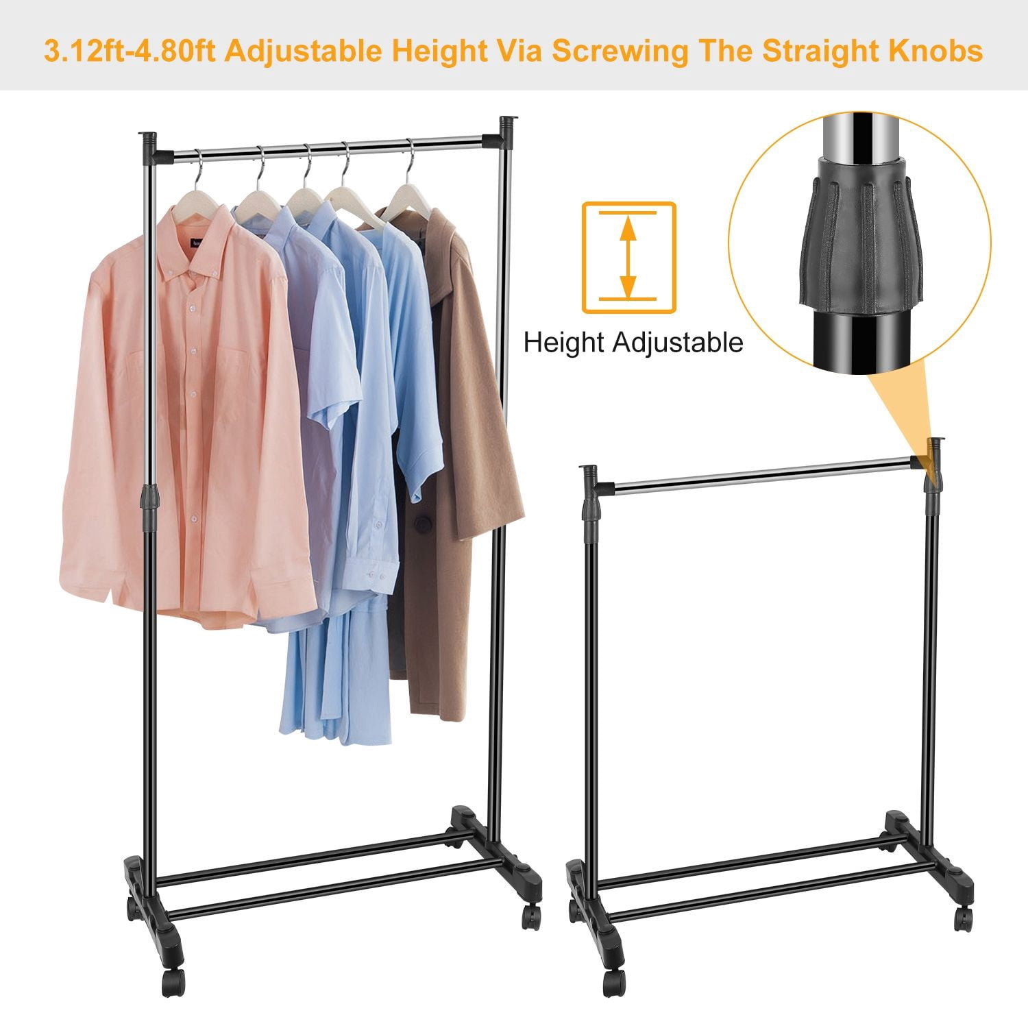 Garment Racks, 3.12ft-4.80ft Height Adjustable Clothes Stand Foldable Clothes Hanger w/ Wheels Storage Shelf For Dormitory Home, 15kg/33lbs