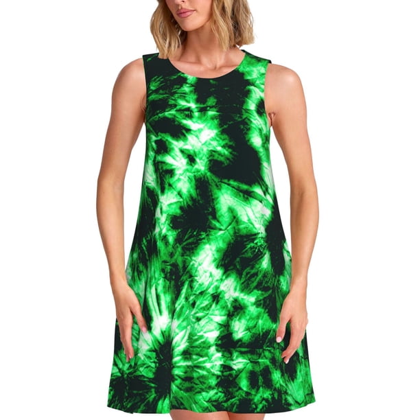 Balery Green Tie Dye Vestidos de verano para mujer con estampado: vestido holgado sin mangas, vestido playero informal y cómodo para días calurosos.