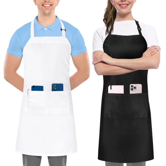 Utopia Kitchen Paquete De 2 Delantales Con Pechera Ajustables Con 2 Bolsillos, Delantal De Cocina Resistente Al Agua Y Al Aceite, Para Mujeres Y Hombres (Paquete De 2 En Blanco Y Negro)