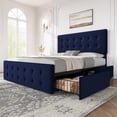thumbnail image 1 of Queen blue marco de cama: 4 almacenamiento cajones, cabecero, faux leather forrado cama de plataforma con de madera slats support, button tufted design, no box spring, 1 of 8