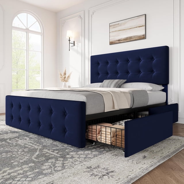 Queen blue marco de cama: 4 almacenamiento cajones, cabecero, faux leather forrado cama de plataforma con de madera slats support, button tufted design, no box spring
