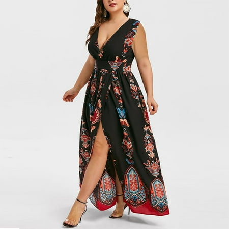 

Drindf Women s 2023 Plus Size Dress Trendy Wrap V Neck Maxi Dress Summer Split Tunic Long Dresses Elegant Print Date Night Swing dresses