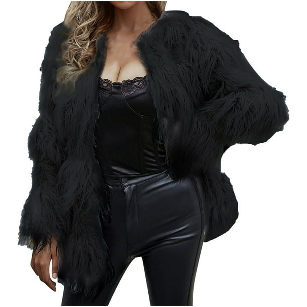 Abrigo de piel sintética cálida para mujer, chaqueta de invierno con cuello en V, ropa de abrigo sólida Fridja BV0+3220