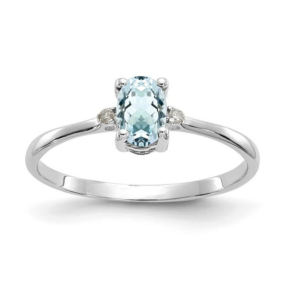 14K White Gold Ring Band Birthstone (03) March Aquamarine Oval Blue Diamond Round
