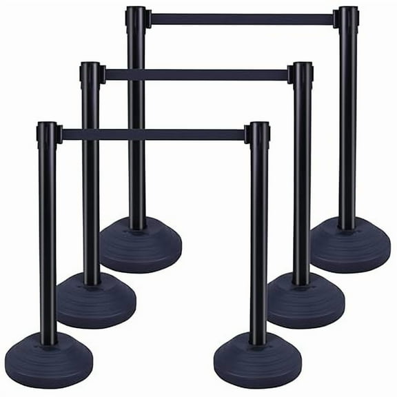 BESEA 6PACK Crowd Control Stanchions with 10 FEET Retractable Belts, Water Filled Base Weighted Barriers Black Post (6PACK)