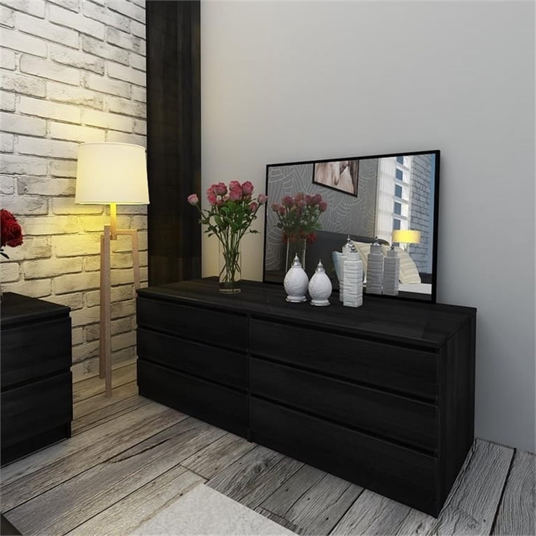 Home Square 3 Piece Bedroom Set with 6 Drawer Double Dresser and Two 2 Drawer Nightstands in Black Woodgrain