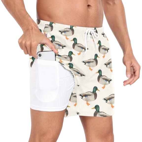 joogoo Men's Vintage Mallard Ducks Swim Trunks with Liner Pocket Beach Shorts L