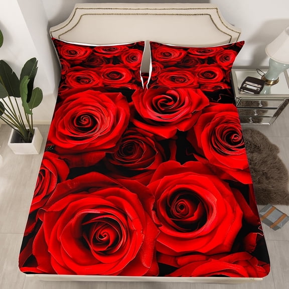 Red Rose Bed Sheets Set Queen, Ombre Red Black Floral Fitted Sheet Women Teens Adult, Botanical Blossom Sheets, Valentine's Day Gift Bed Set Romantic Room Decor with 2 Pillow Cases