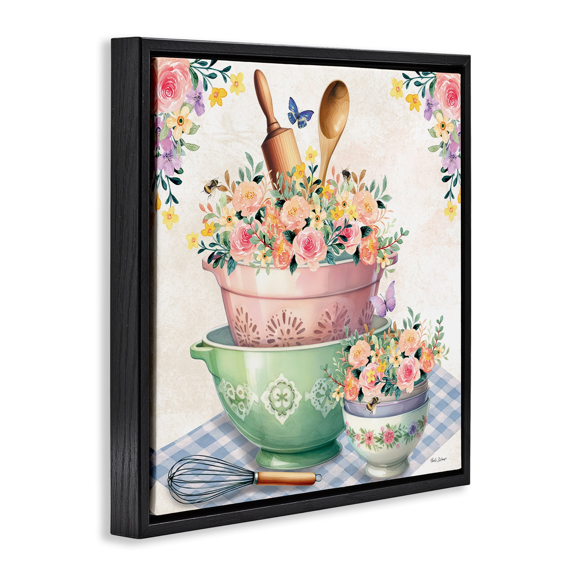 Stupell Industries Floral Kitchen Bowls Stack Food & Beverage Painting Black Floater Framed Canvas Art Print Wall Art, 18 x 18