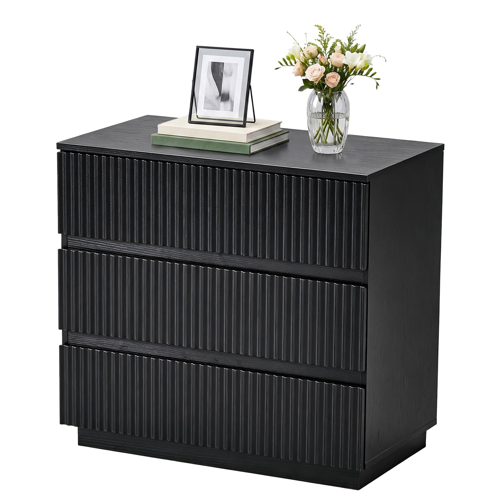 Handleless Grille-Finished 3-Drawer Bedside Table, P2 Particleboard + MDF & Melamine Veneer + Thermoformed Drawer Cabinet 23.62*12.99*22.05in Black