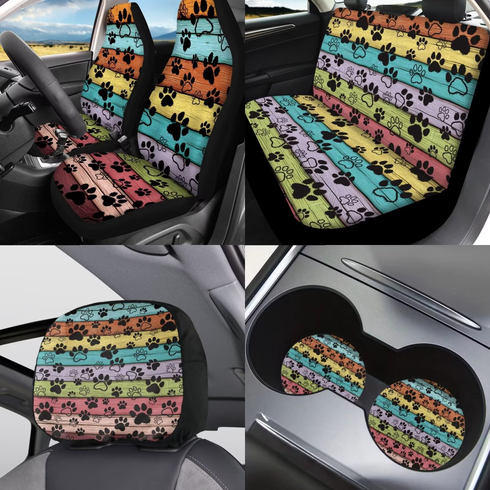Garronmavis Car Seat Cover Full Set of 11pcs with Headrest Protector Lanyards Key Chain Cup Pad Gear Shift Knob & Handbrake Sleeve Automotive Seat Cover Accessories Colorful Plank Dog Paws