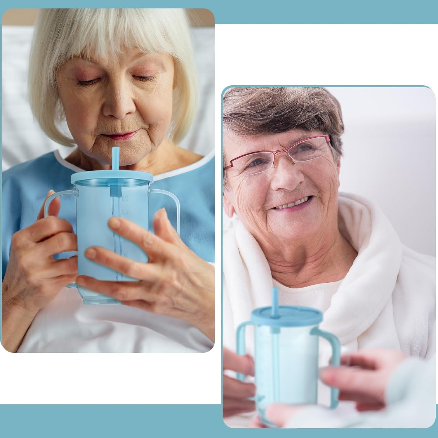 JJEAN-Adult Sippy Cups for Elderly 12 oz Straw Sippy Cups with 2 Handles No Spill for Adults Spill Proof Dysphagia Cup for Disabled Patients(Light Blue)