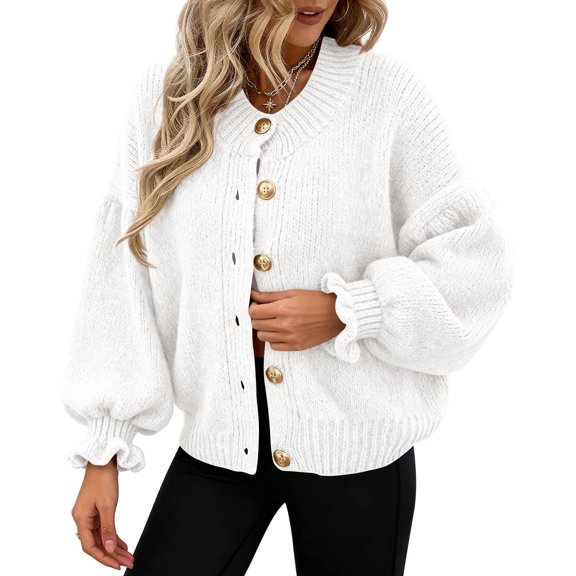 Suéter PRETTYGARDEN 2025 Cardigan de Punto Grueso con Volantes M Blanco