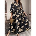 thumbnail image 5 of Black Floral Print Long Sleeve Maxi Dress With Tiered Skirt And Mock Neck For Women, 5 of 6