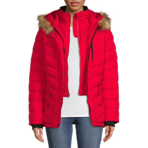 Bibbed Solarball Puffer Coat, Womens Coats With Faux Fur Trim