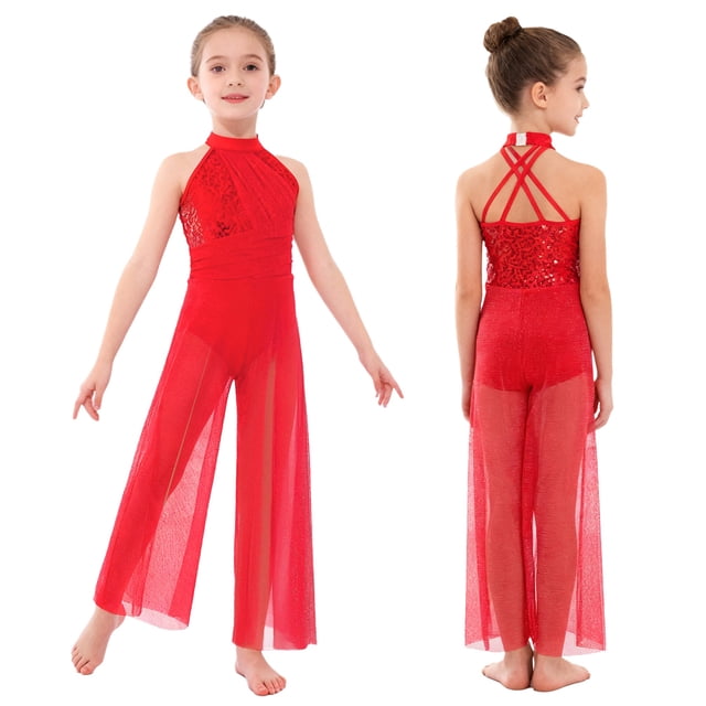 Manyakai Combinaison à Jambes Larges pour Filles, Pantalon Fendu, Robe de Danse Lyrique de Ballet à Paillettes, Sans Manches, Rouge, 12