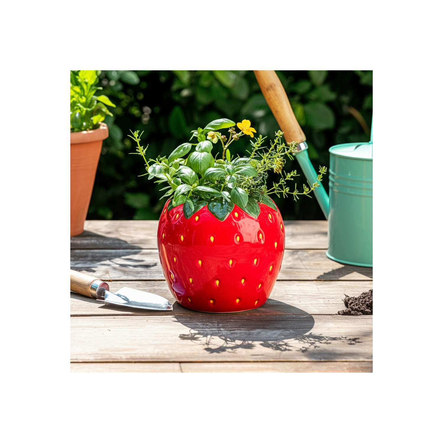 Strawberry-Shaped Flower Pot for Home Decor - Decorative Ceramic Planter for Outdoor, Indoor Plants, and Garden Display - Stoneware Planter for Patio, Entryway, Shelf, and Balcony - 6", Red & Green