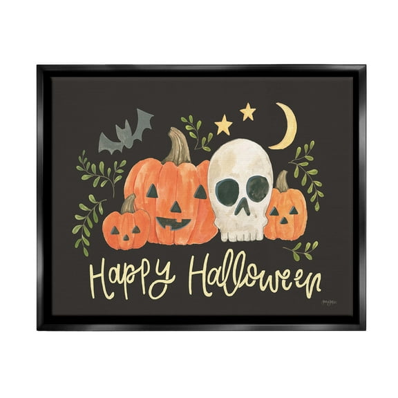 Stupell Industries Whimsical Happy Halloween Holiday Painting Black Floater Framed Canvas Art Print Wall Art, 21 x 17